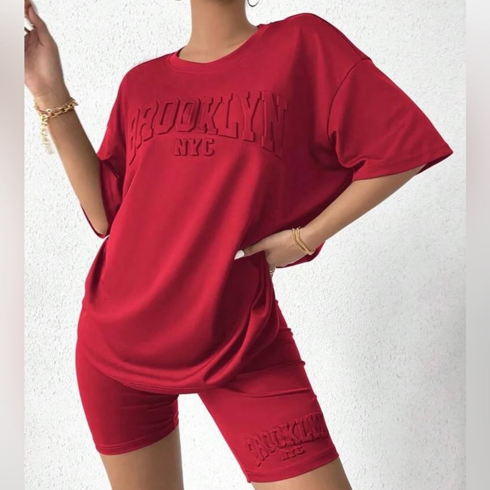 Red Casual tee & biker shorts